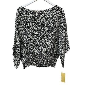 MICHAEL Michael Kors Silk Blouse Size Small Black Cream Print Flowy Smocked Hem